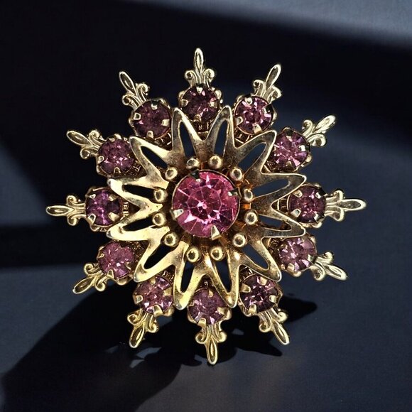 Vintage Gold Tone Pink Flower Snowflake Sun Brooch Pronged 3D Layered 1.25" - Picture 1 of 9